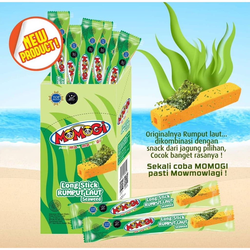 

BOX Momogi Seaweed Long Stick Snack Ekstrudat Rasa Rumput Laut Pasti Mau Mau Lagi - 10pcs x 12gr