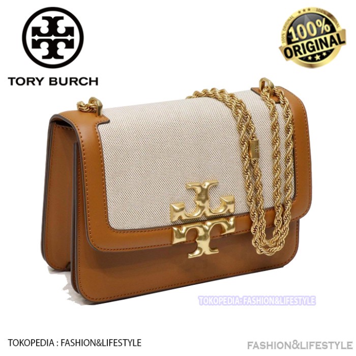 TORY BURCH Eleanor Canvas Leather Large Brown Shoulder Bag ORIGINAL