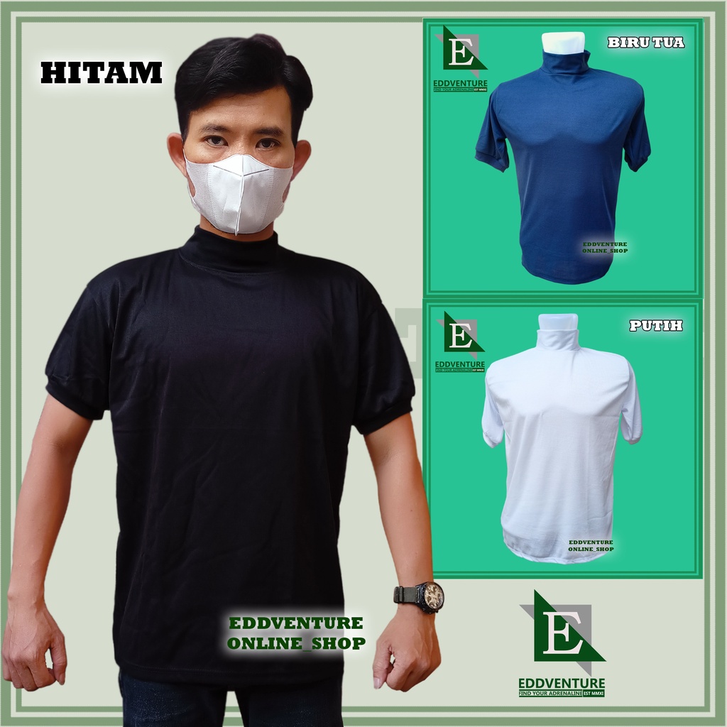 Baju kaos atasan pakaian pria wanita dewasa korean style bahan PE soft 24s kerah tinggi turtleneck turtle neck pendidikan security keamanan cowok cewek polos warna hitam putih biru tua navy pria wanita lengan pendek original eddventure