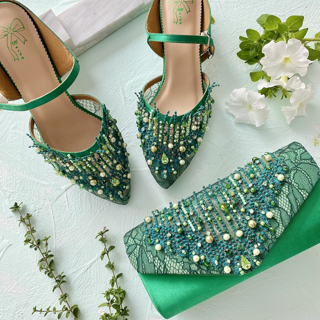 Matching Set Emerald Green Sepatu Pesta Wanita Stiletto Block Heels & Tas Pesta Clutch AVEDA 6252