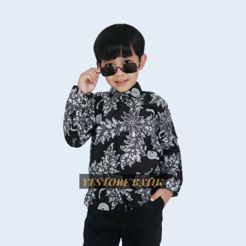 Kemeja Batik Baju Batik Anak Laki-Laki Lengan Panjang Terbaru Motif Godong Jati Putih