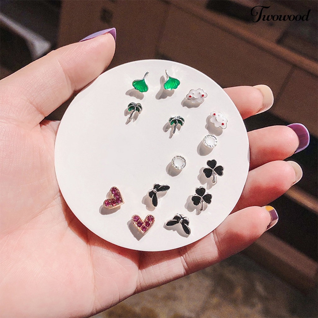 6 / 7 Pasang Anting Stud Bentuk Hati Aksen Mutiara Berlian Imitasi Untuk Wanita