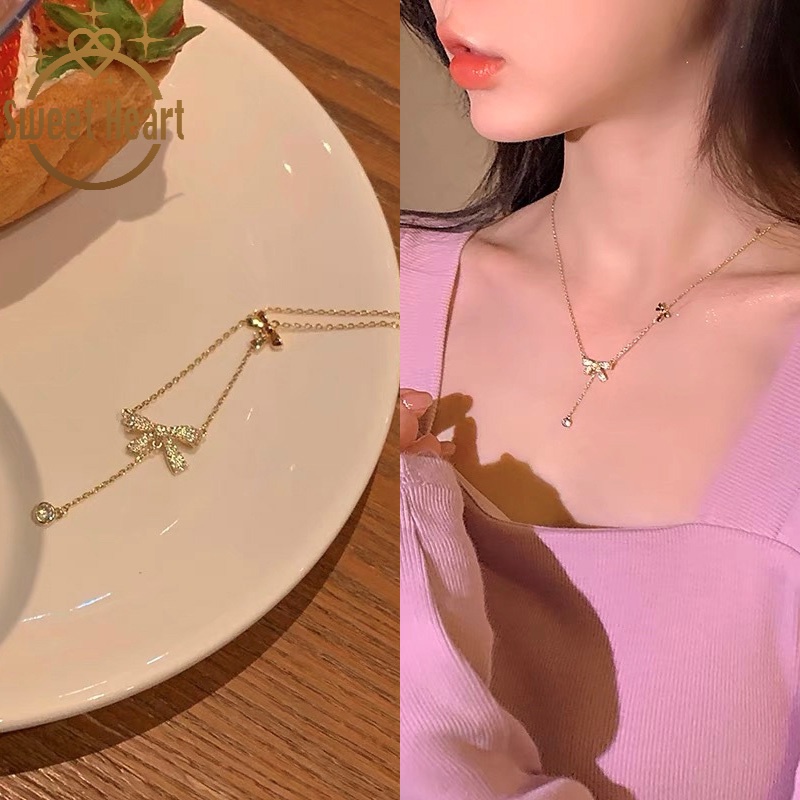 Kalung Rantai Desain Pita Aksen Berlian Gaya Korea