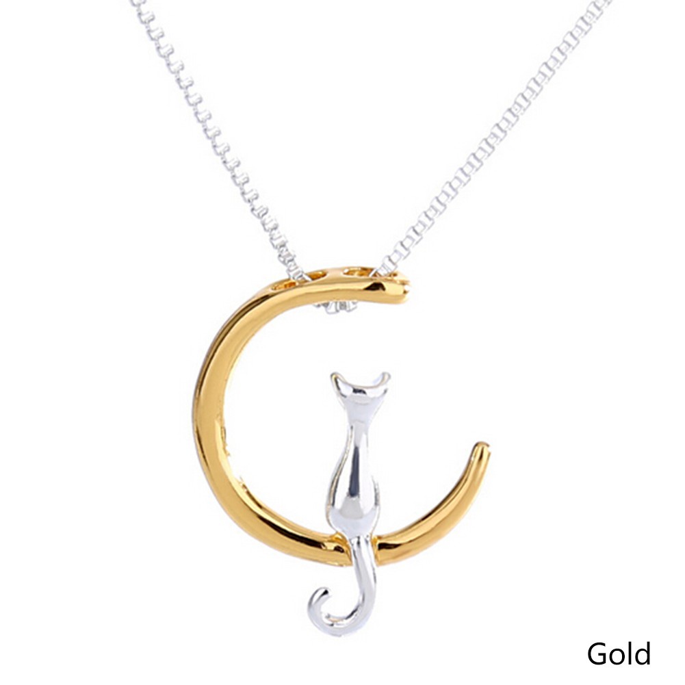 Fine 925 Silver Cats Moon Pendant Necklace Romantic Charm Alloy Chain Necklaces