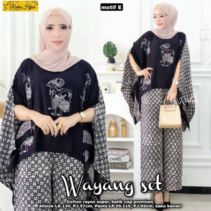 Setelan Celana Wanita Wayang Rayon Super Motif Batik Jumbo Size - Motif E, XXXL