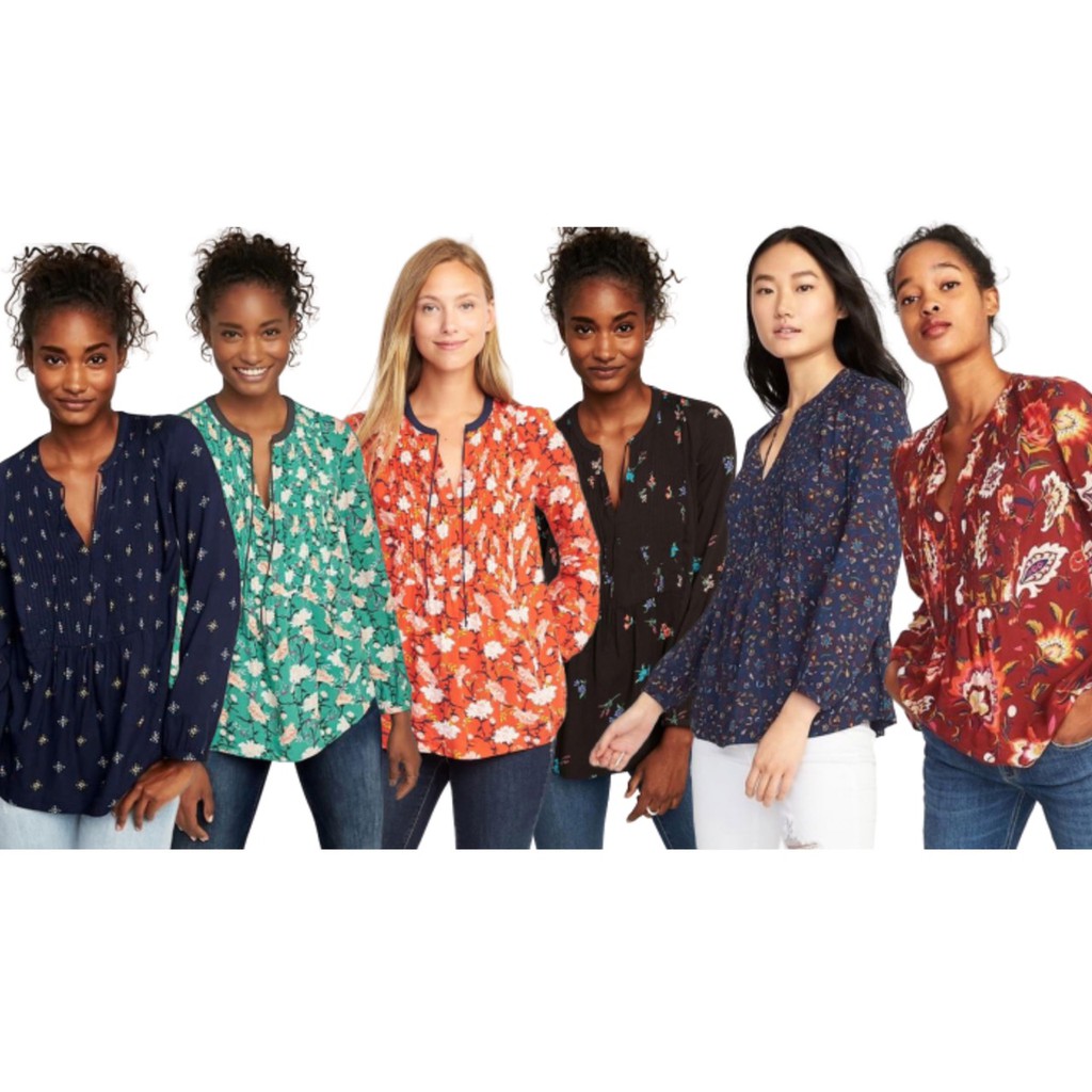 OLD NAVY Blouse Wanita Pintuck Swing Red Floral