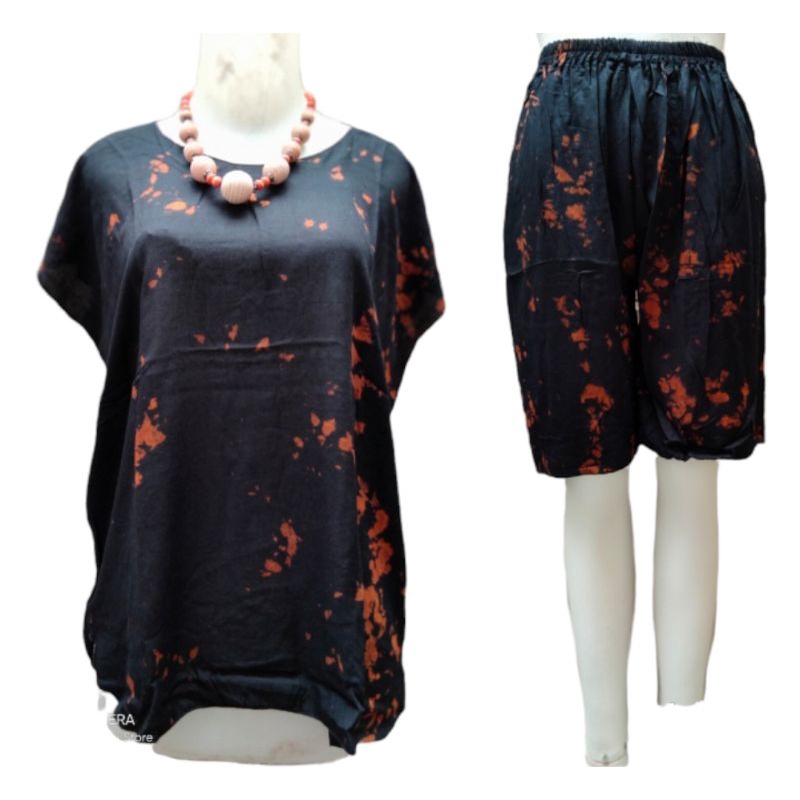 ONE SET TIE DYE SETELAN WANITA CELANA PENDEK RAYON XL BABYDOLL BALI KEKINIAN TIEDYE MOTIF KOPI-Hitam