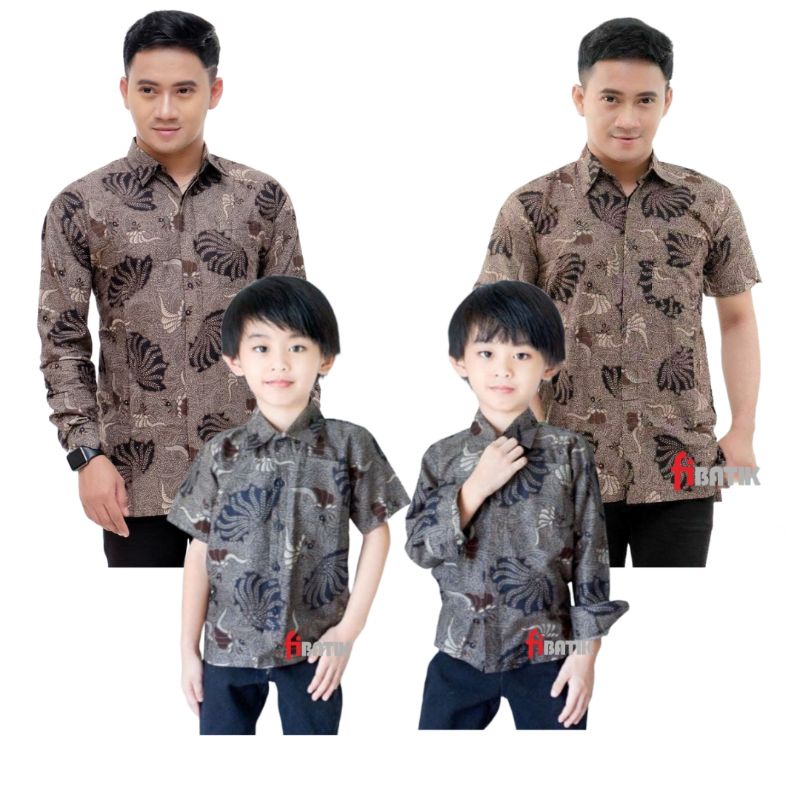 Couple Batik Ayah Dan Anak Laki-laki Lengan Panjang Dan Pendek Motif Kerang Warna Coklat // Kemeja Batik Anak Cowok