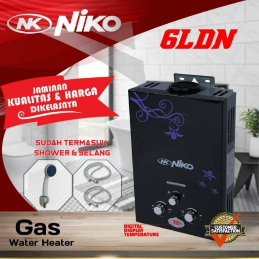 WATER HEATER NIKO 6LDN LED DISPLAY 6 LITER PEMANAS AIR GAS BODY KACA