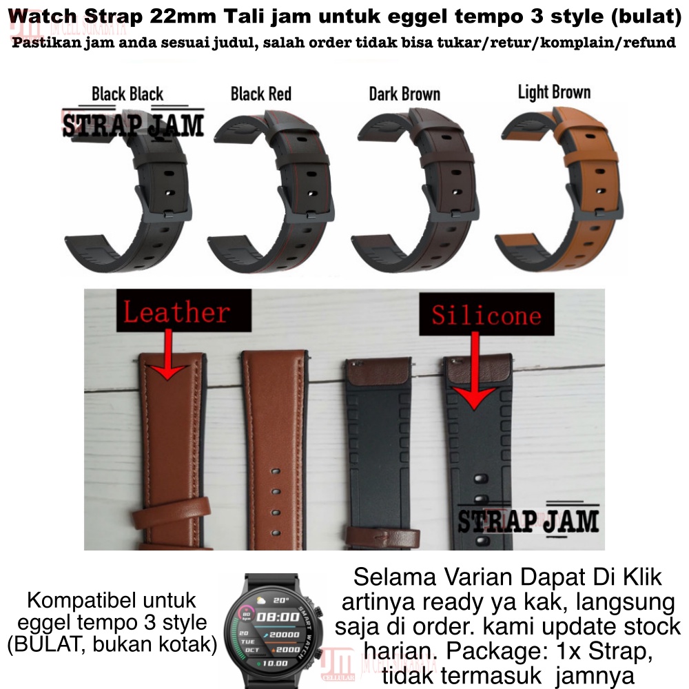 Hybrid Watch Strap Eggel Tempo 3 Style (Bulat) - Tali Jam Tangan 22mm Leather Kulit Rubber