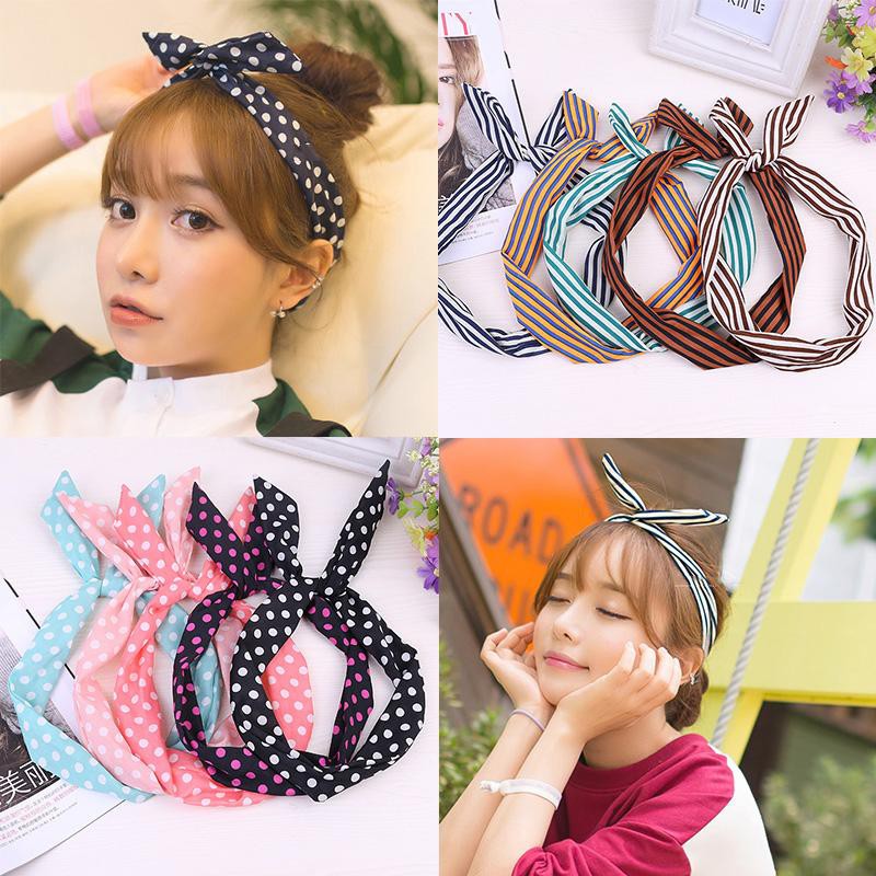 Bando Kawat / Bandana Rabbit Garis Warna Warni Wanita