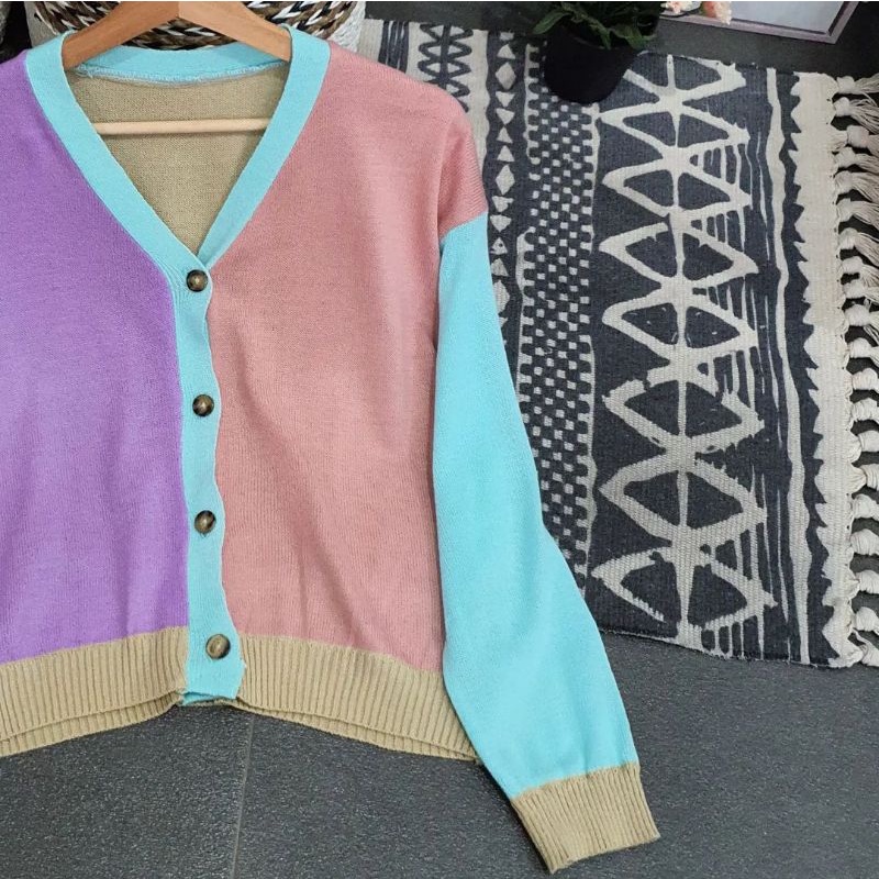 rajut retro rainbow cardigan