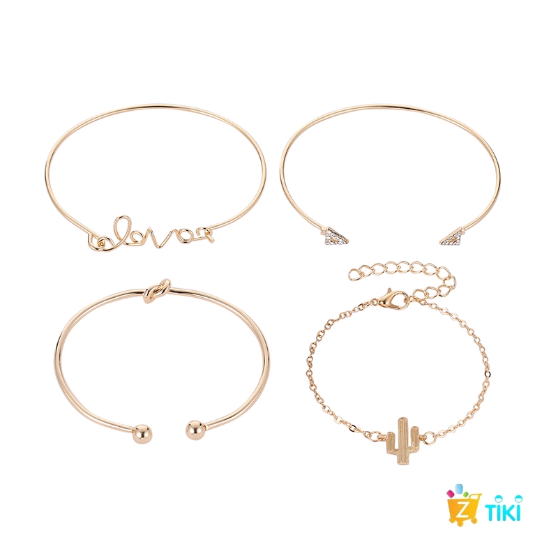 COD（TiKi）4Pcs/Set Gelang Women Gilr Gold Triangle Knot Love Cactus Opening Bangle Chain Bracelet-1