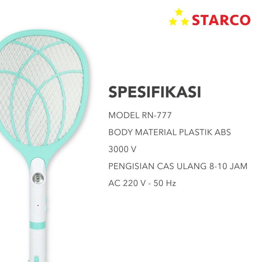 Starco Raket Nyamuk 3 in 1 Senter RN777 + Lampu Senter Portable ORIGINAL