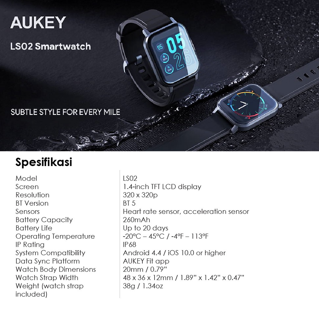 AUKEY LS02 - Smartwatch Fitness Tracker Waterproof Heart Rate Sensor - Jam Tangan Pintar Tahan Air dengan Sensor Detak Jantung