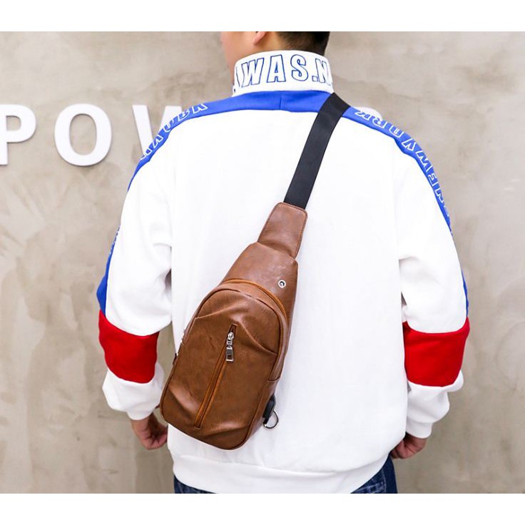 Tas Selempang slempang Pria Kulit Import USB Port Sling bag