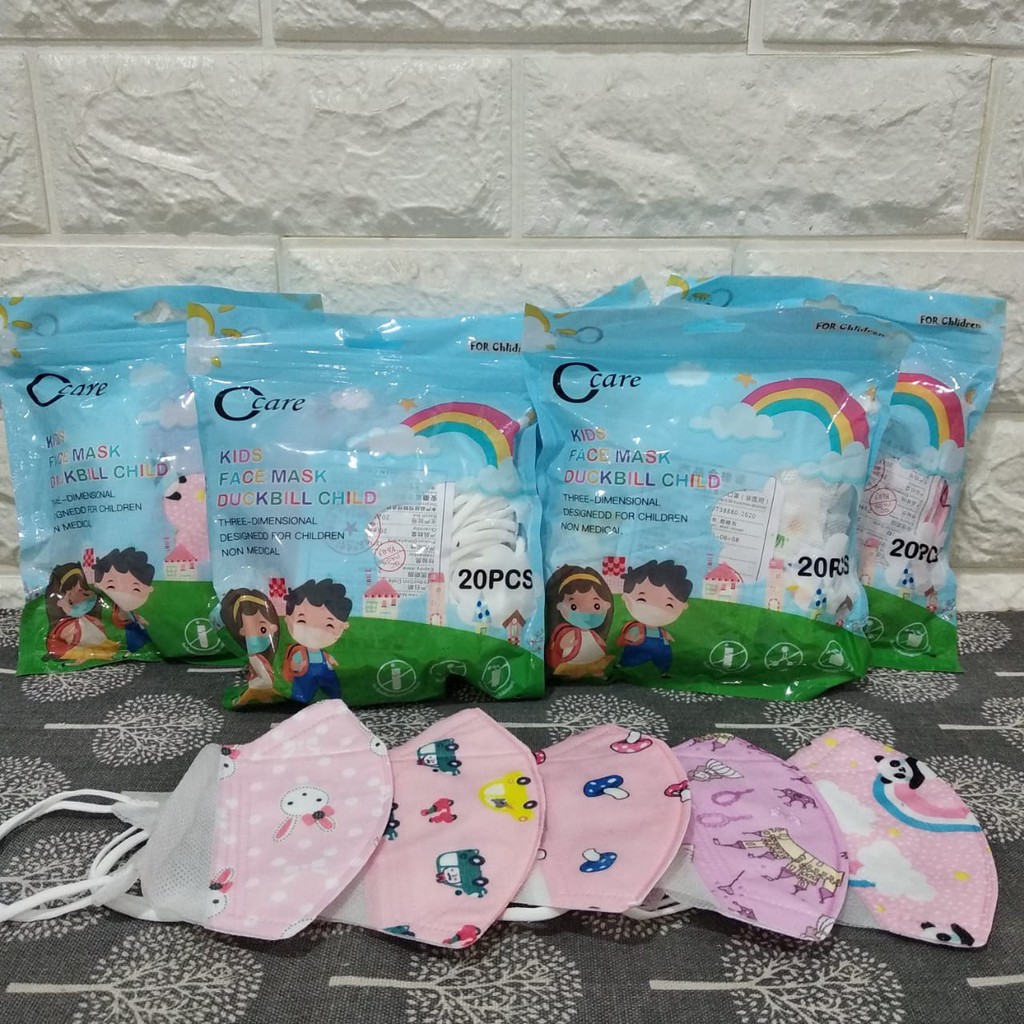 Masker Anak Kids Children Duckbill 3D Face Mask Child Anak Earloop Garis Motif Ccare 1Pax isi 20 Pcs