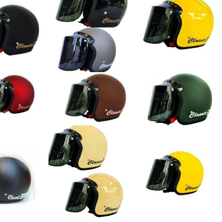 helm bogo classic kaca datar/helm bogo polos garis tiga kaca flat sni pria wanita/ helm bogo klasik 