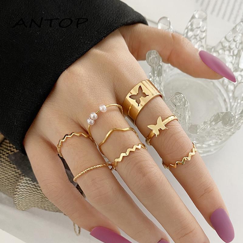 8pcs Cincin Model Terbuka Adjustable Desain Butterfly Wave