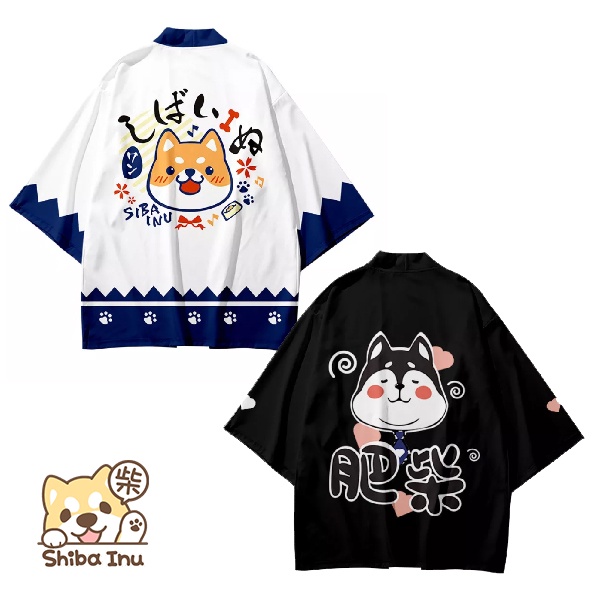 Outer Jumbo Cardigan Kimono Wanita Pria Unisex Putih Shiba Inu Oversize Big Size Besar