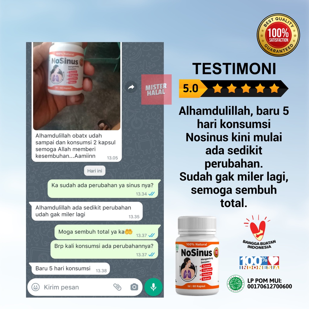 NOSINUS Obat Penyakit Sinusitis 100% Alami, Solusi Sinus, Nyeri Dada, Gangguan Pernapasan, Sakit Tenggorokan, Kapsul Herbal Gurah - Atasi Batuk Berdahak, Tidur Mendengkur / Ngorok