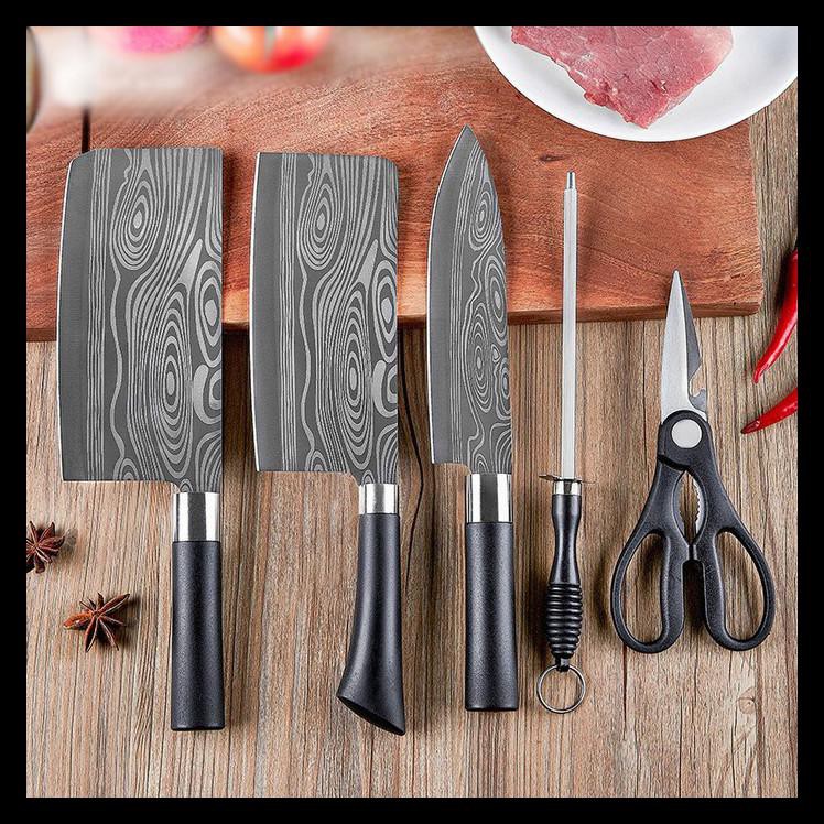 Termurah 6In1 Set Pisau Dapur Chef Damaskus Pattern Pisau Cincang Daging Sushi Aksesoris Dapur
