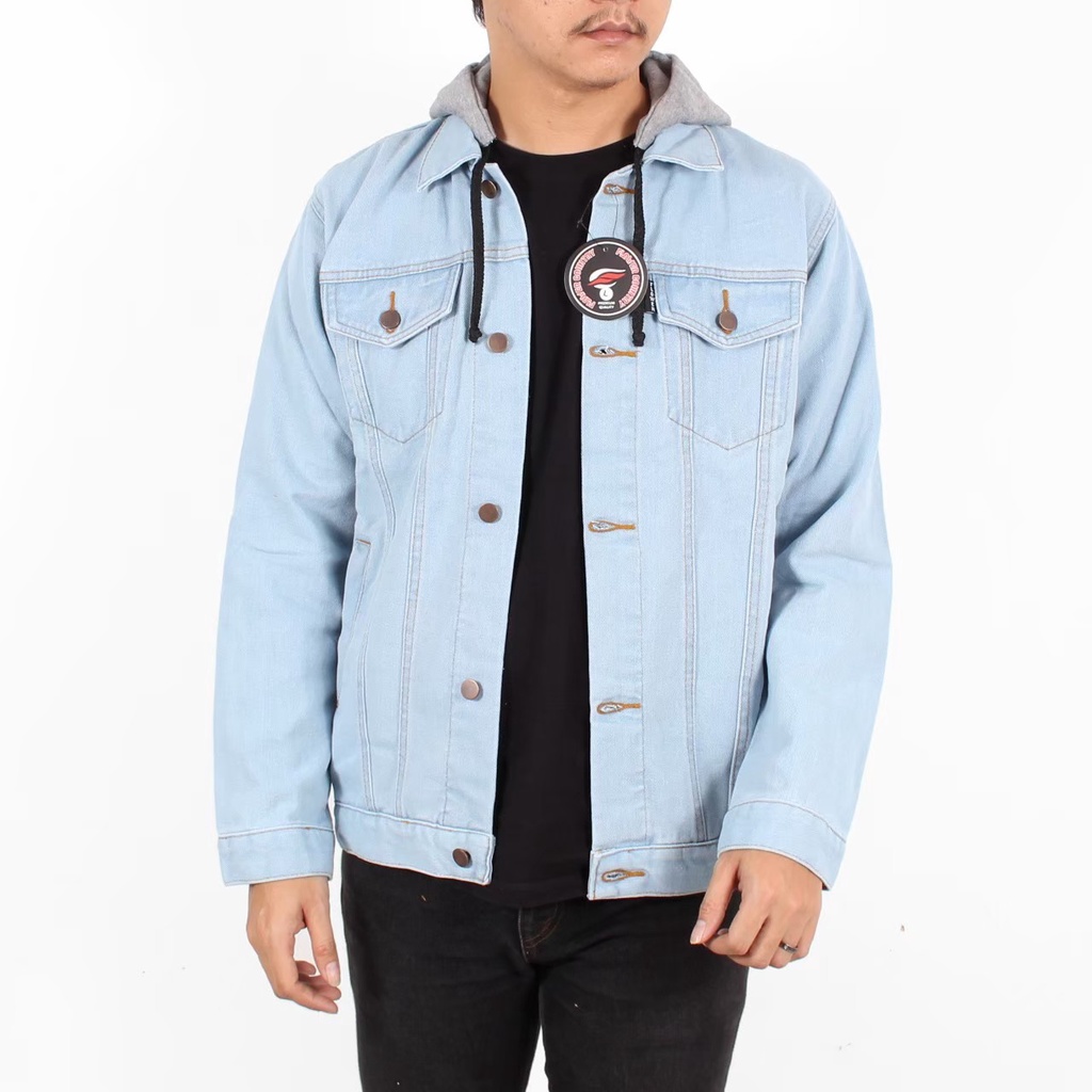 TERMURAH ! JACKET JEANS DENIM REGLAN PRIA JAKET JEANS BOY HOODIE KOMBINASI FLEECE BIG SIZE L XL XXL-AL BIOBLITZ GRAY