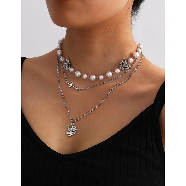 LRC Kalung Fashion White K Butterfly Pearl Cross Angel Alloy Multilayer Necklace P03668