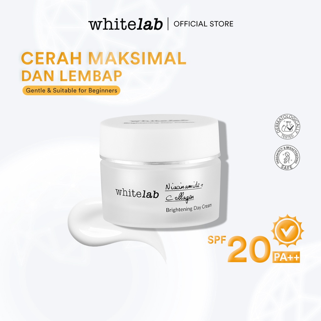 Whitelab Brightening Day Cream - Pelembap Krim Pagi Pencerah Pemutih Wajah Untuk Kulit Kering Dengan Niacinamide, Hyaluronic & Collagen [BPOM]