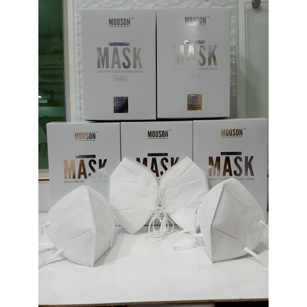 PM Masker KN95 MOUSON isi 50 ada logo dan Tali elastis IZIN KEMENKES -Putih PASAR MURAH ORIGINAL