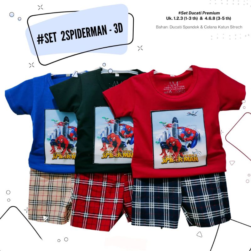 Setelan 3D anak laki-laki &quot;2Spiderman&quot; Size 1-5th bahan Ducati Katun Spandek Premium