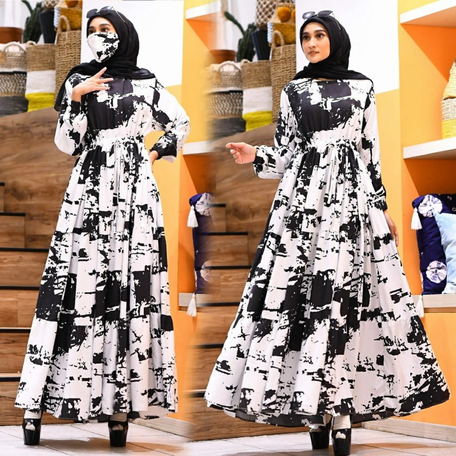 Gamis terbaru gamis wanita modern mewah gamis lebaran 2021 Gamis Maxy Abstrack Andin - Abu-abu