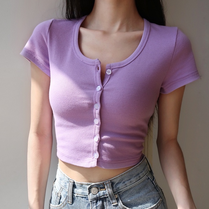 【MISSHONEY】Round Neck Short Sleeve Button Front Rib Crop Top 7314 (S/M/L)