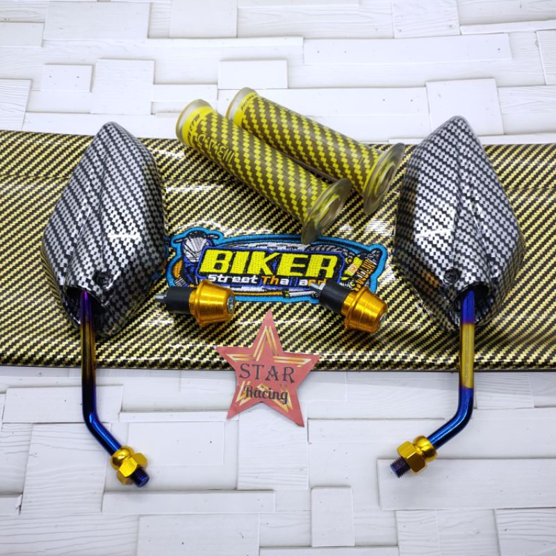 Spion karbon jupiter 2tone+kulit jok biker karbon+handgrip carbon+jalu stang universal motor Yamaha