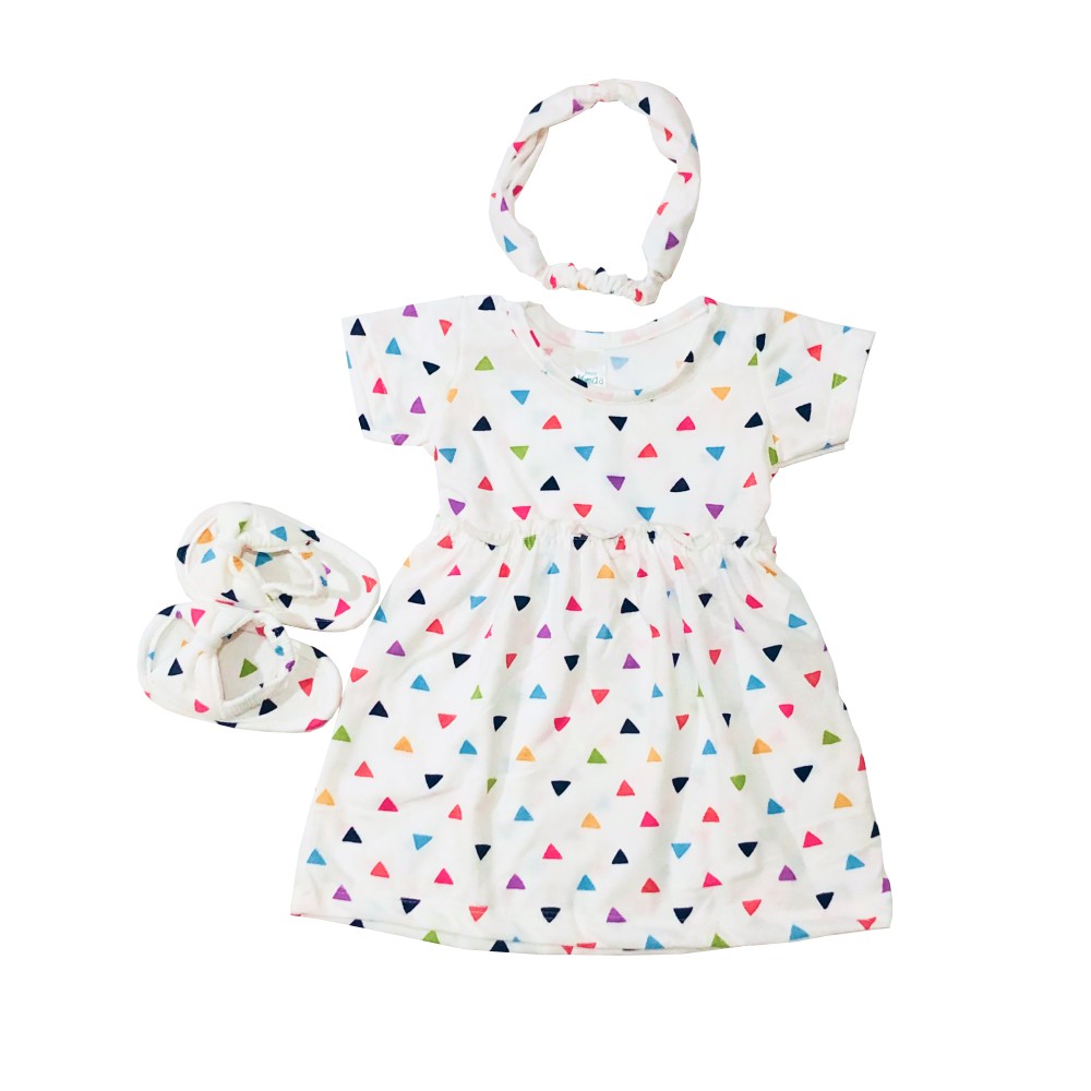 Ava 0-12 Bulan Dress Set Bayi / Dres Set Anak Bayi Little Koda - Toko Uwais Grosir-White Triangle