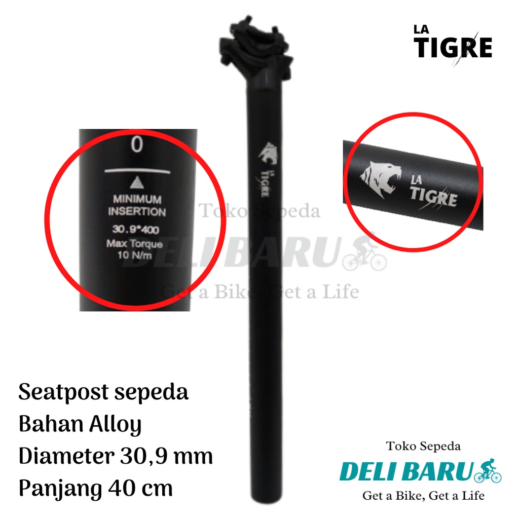 LA TIGRE Seatpost 30.9 mm tiang sadel alloy panjang 40 cm sepeda lipat, MTB