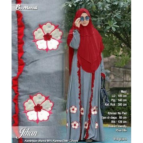 JUAL jihan merah gamis syari denim bordir,khimar ceruti premium,baju muslim FREE ONGKIR