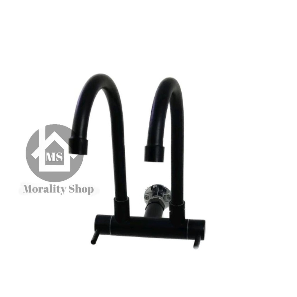 Kran sink stainless 304  double HITAM 222  Keran air bak cuci piring stenlis dua cabang BLACK X21