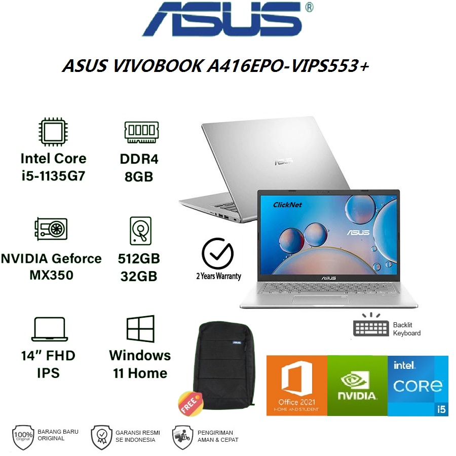 Asus A416EPO-VIPS553+ i5-1135G7 8GB 512GB SSD FHD IPS MX330 2GB WIN11 OHS