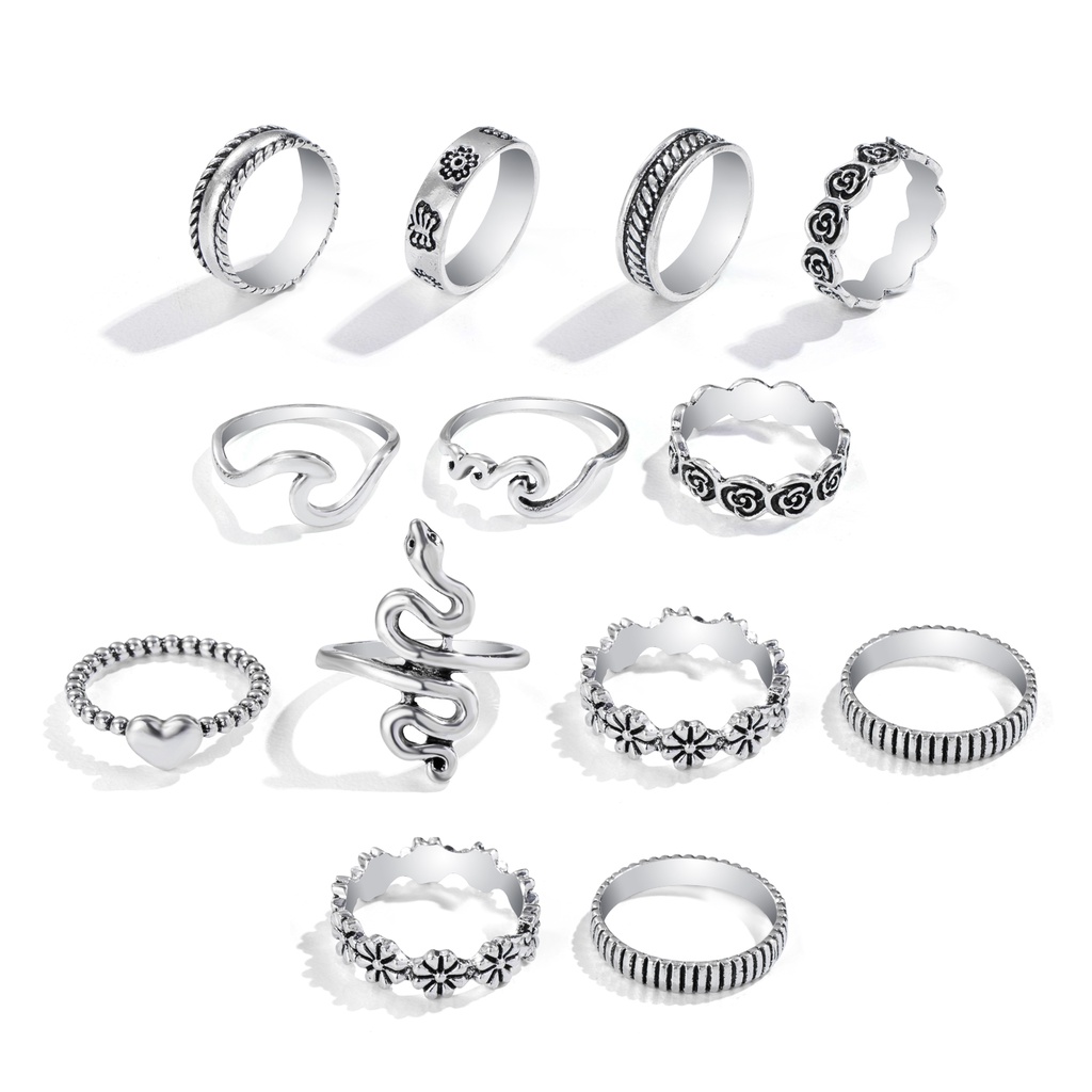 13pcs / Set Cincin Silver Vintage Desain Ular / Bunga / Ombak Untuk Wanita