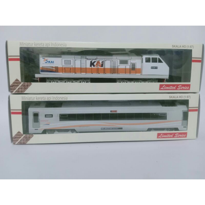 PAKET ISI 2 - miniatur lokomotif cc203 putih orens + gerbong argo eksekutif motif stainless steel