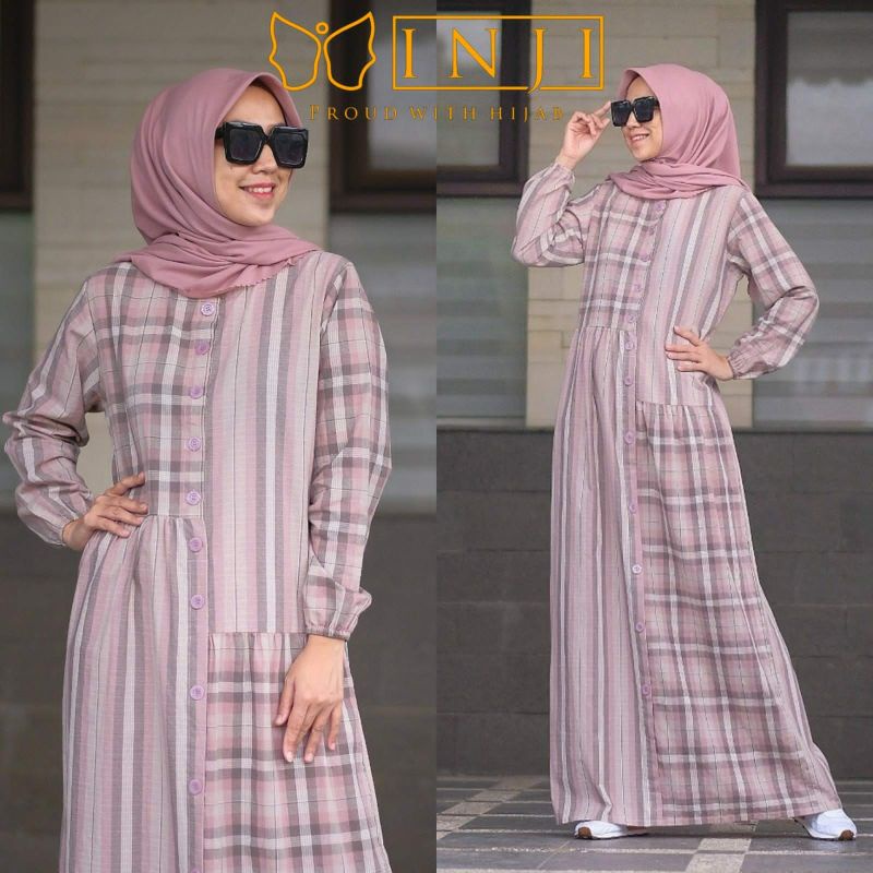 Almira Dress by Inji Gamis Katun Harian Casual Salur Kombinasi Kotak ld 108 pb 138