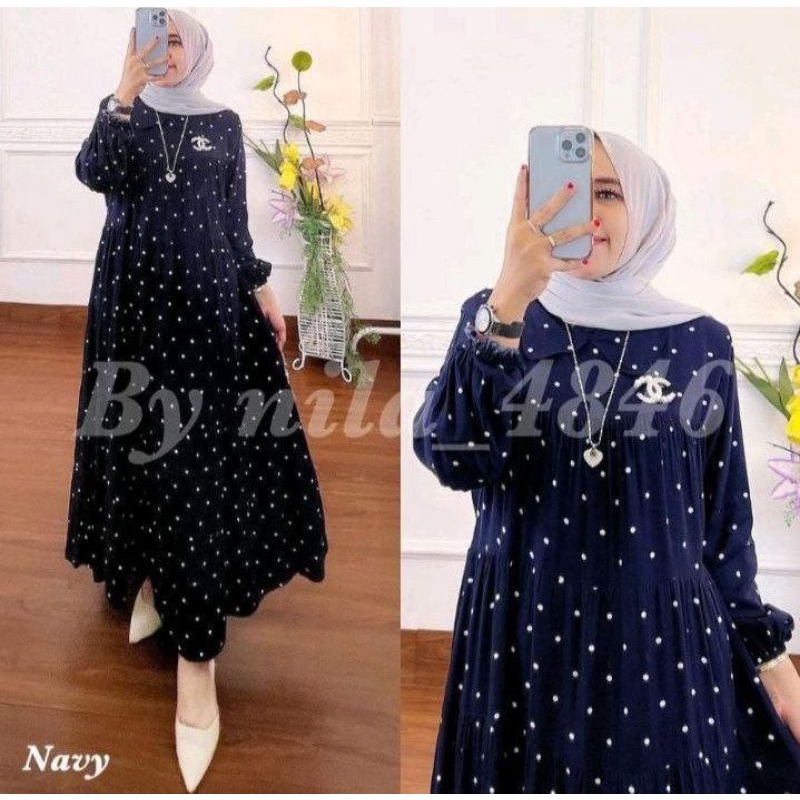 Gamis Wanita Jumbo Bahan Rayon Midi Dress Muslim Motif Polkadot Busui