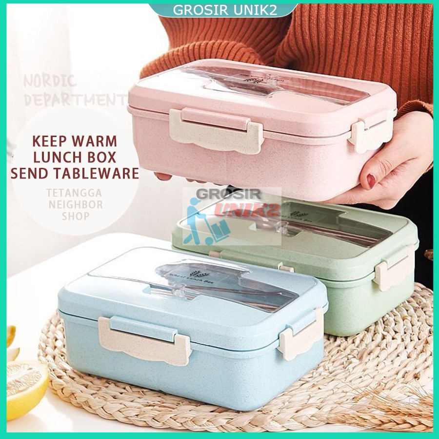 Lunch Box Set Kotak Bekal Makan Jerami Gandum kotak makan  ​1000ml 4 In 1 Free Sendok Tempat Makan kotak makan