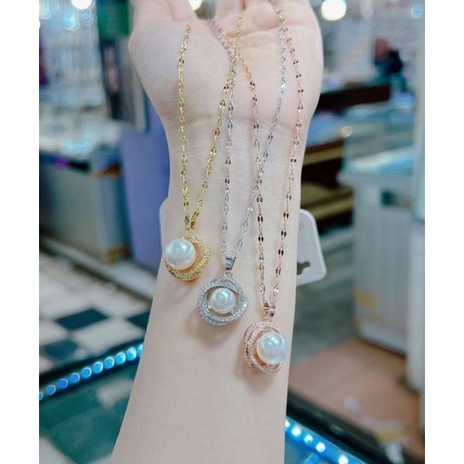 Kalung titanium set liontin mutiara