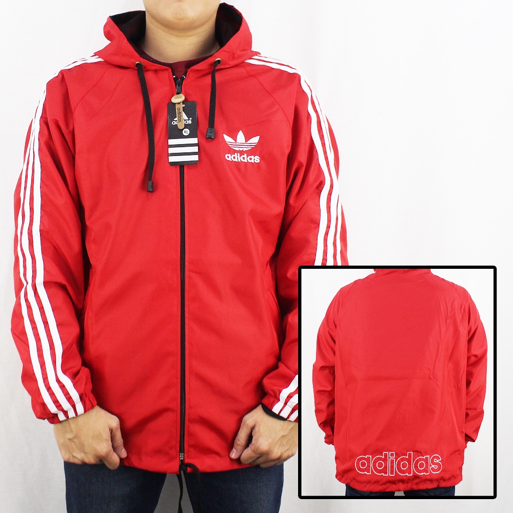 JAKET PARASUT JUMBO ADIDAS WINDBREAKER MERAH LIST PUTIH - JAKET OLAH RAGA PRIA -JAKET JUMBO XL XXL - JAKET TRAINING - JAKET LARI