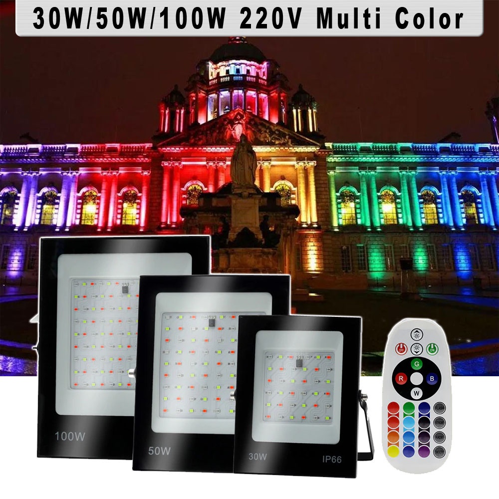 Lampu Sorot Gedung RGB + Remote 220V 50W 100W 30W Multi Warna Flood Floodlight Spotlight RGB Taman garden Untuk penerangan Arsitektur Landscape Modern Lampu taman Air Mancur waterfall Bangunan tower building Jembatan Jalan with colorful light