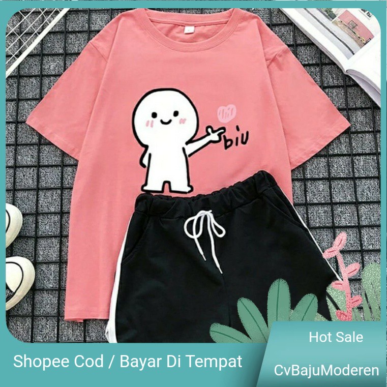 SETELAN KAOS WANITA CELANA PENDEK MOTIF