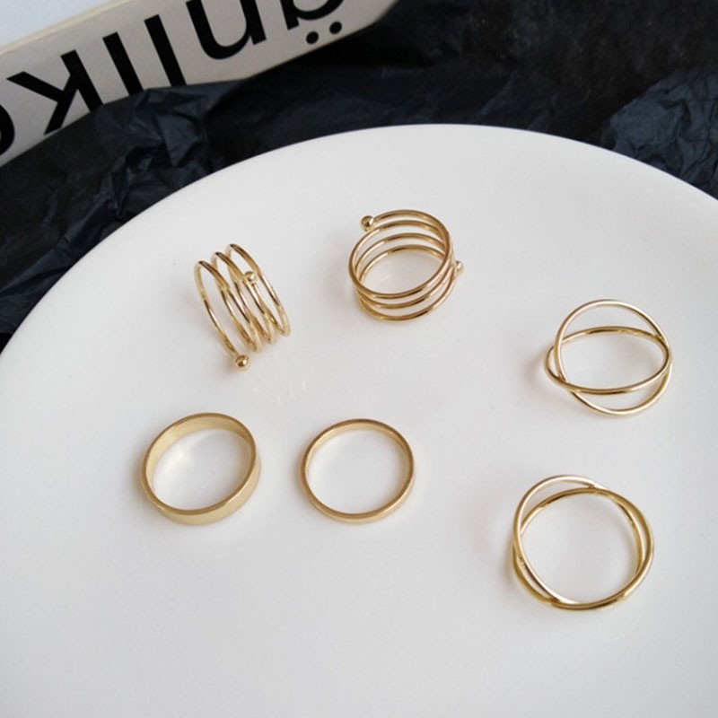 [ACKER] 6Pcs/Set Sederhana Warna Solid Geometri Sendi Emas Cincin Wanita Indah Pesta Pernikahan Perhiasan Wanita Cincin Set