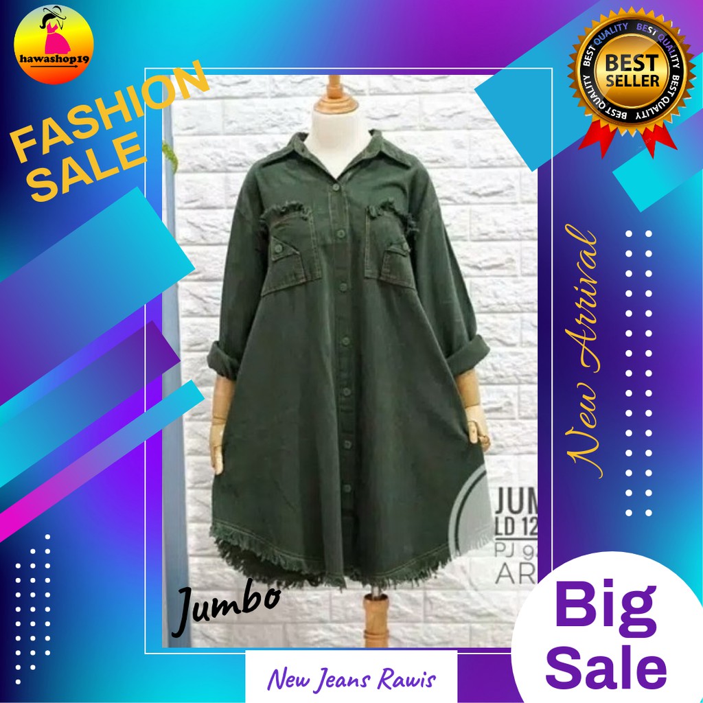 Atasan New superr jumbo tunik jeans wash rawis Tunik Rawis Baju Jeans Jumbo